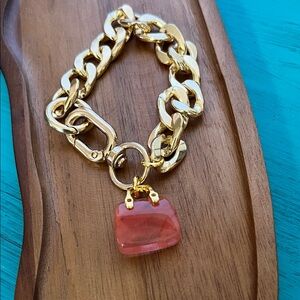 Chunky Chain Bracelet with Strawberry Quartz Purse Charm